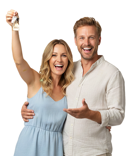 Happy couple with keys to their first home